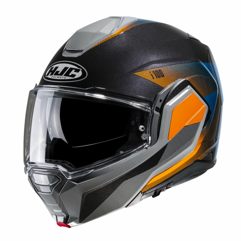 un casque de moto orange noir bleu hjc i100