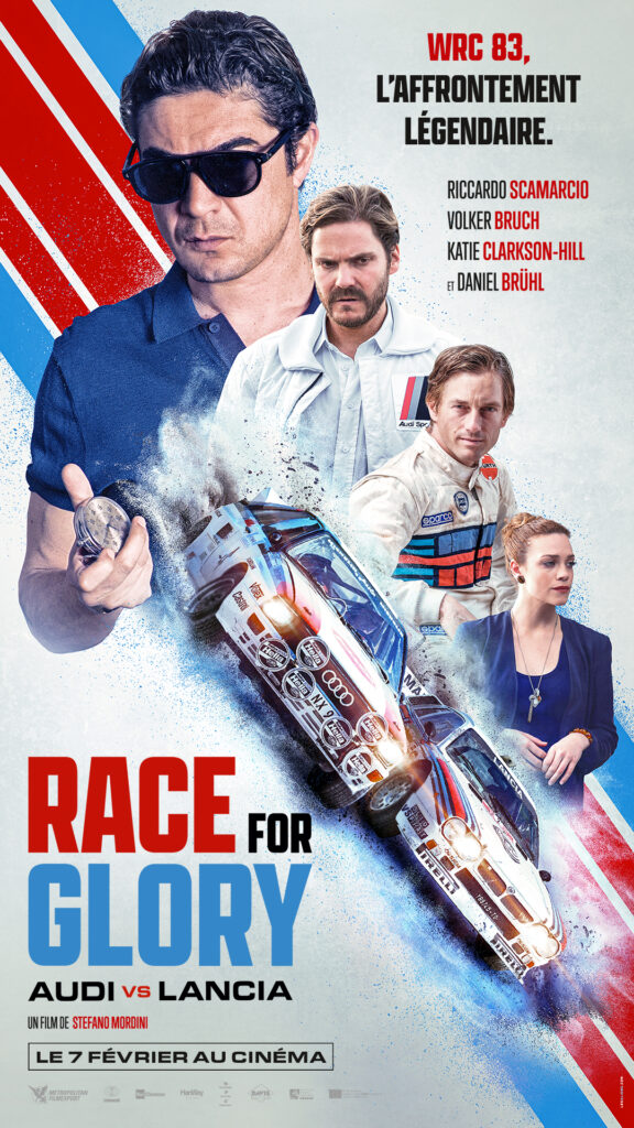 affiche de film race for glory avec deux voitures de course en premier plan et plan et plusieurs personnage de l'intrigue derrière