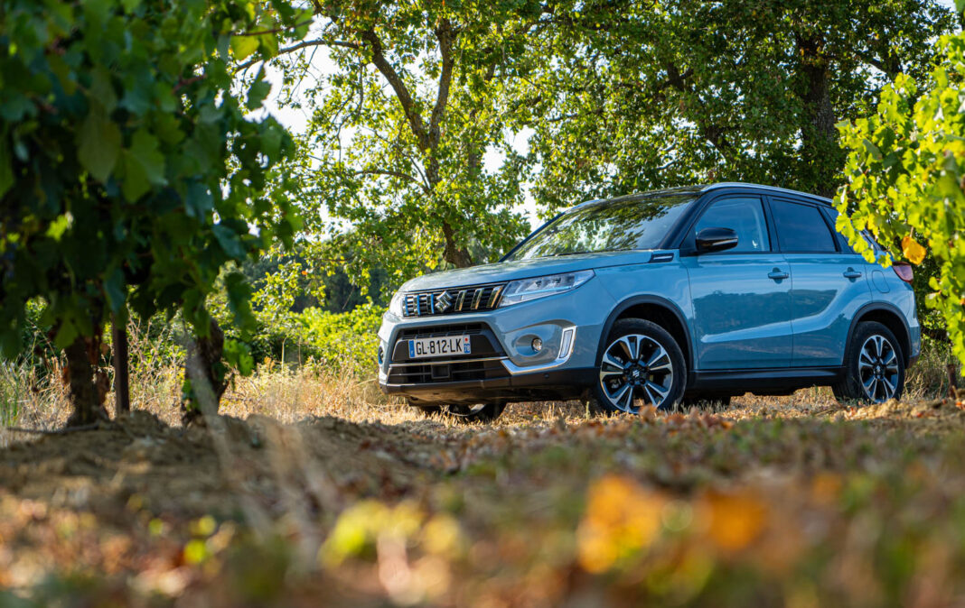 voiture bleu vitara hybride 1.5 dualjet sur un chemin dans les vignes